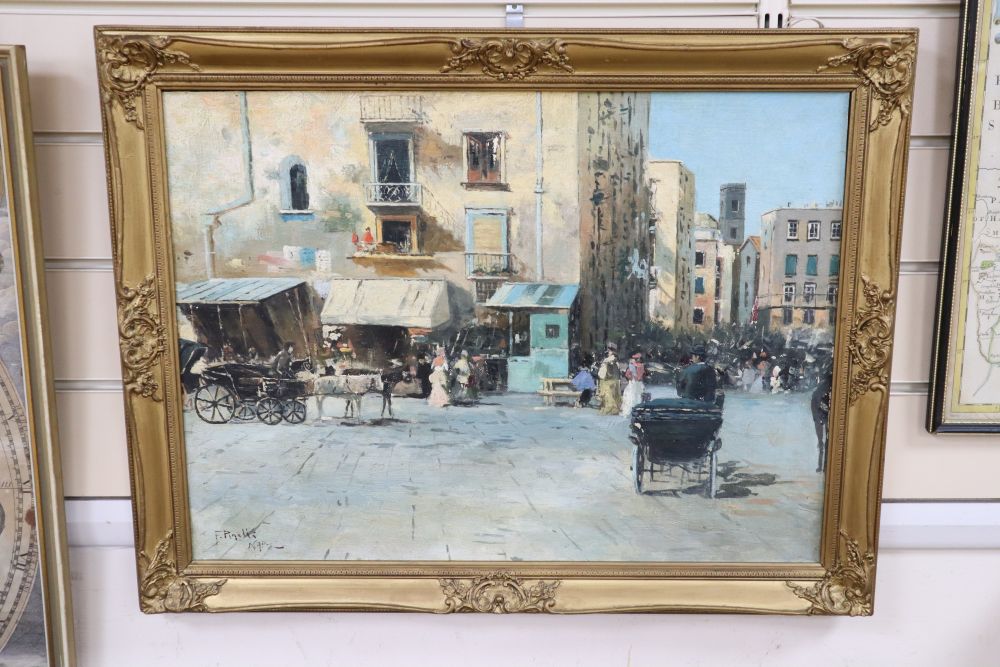 F. Pinelli, oil on board, Neapolitan street scene, signed, 39 x 52cm